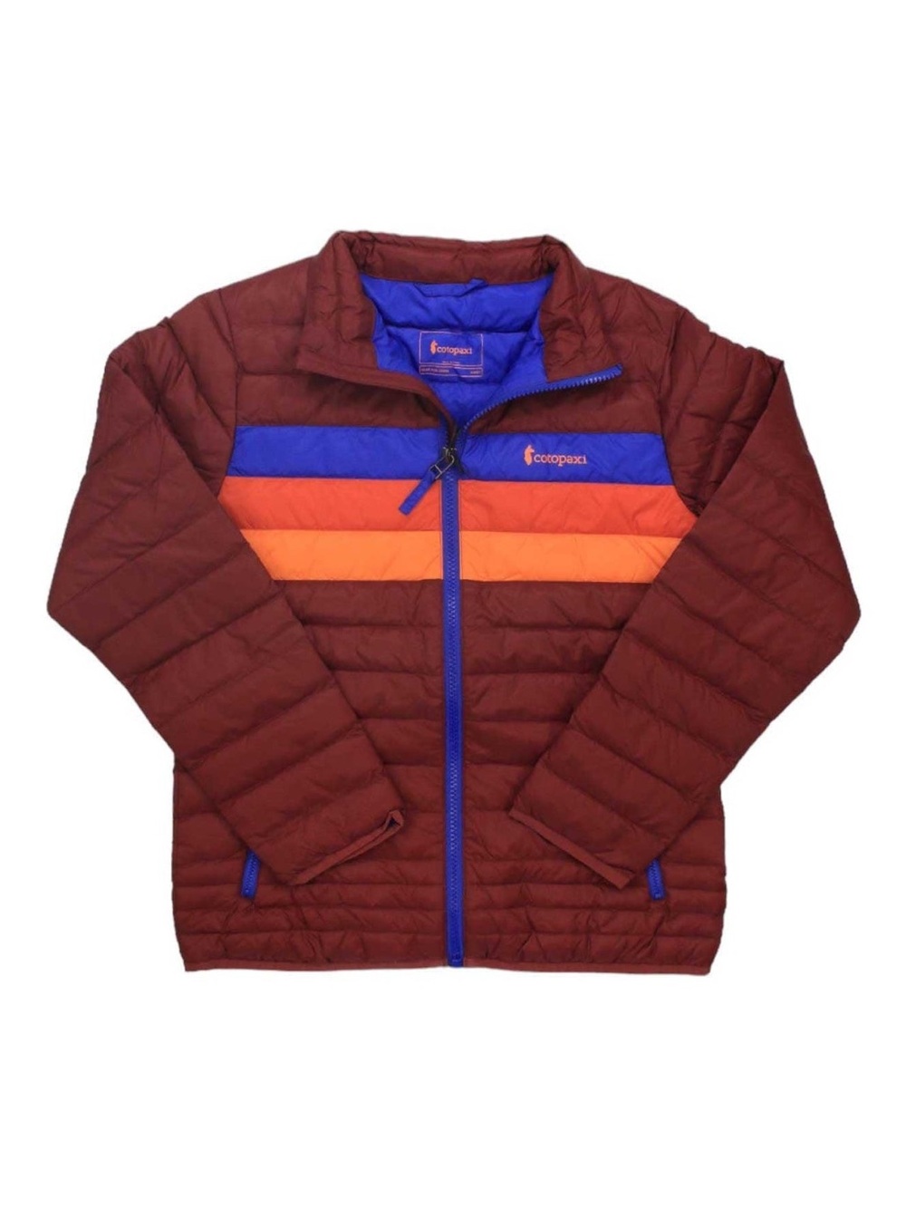 Women’s Small or kids XL Cotopaxi Maroon Puffer with Blue and Orange Stripes